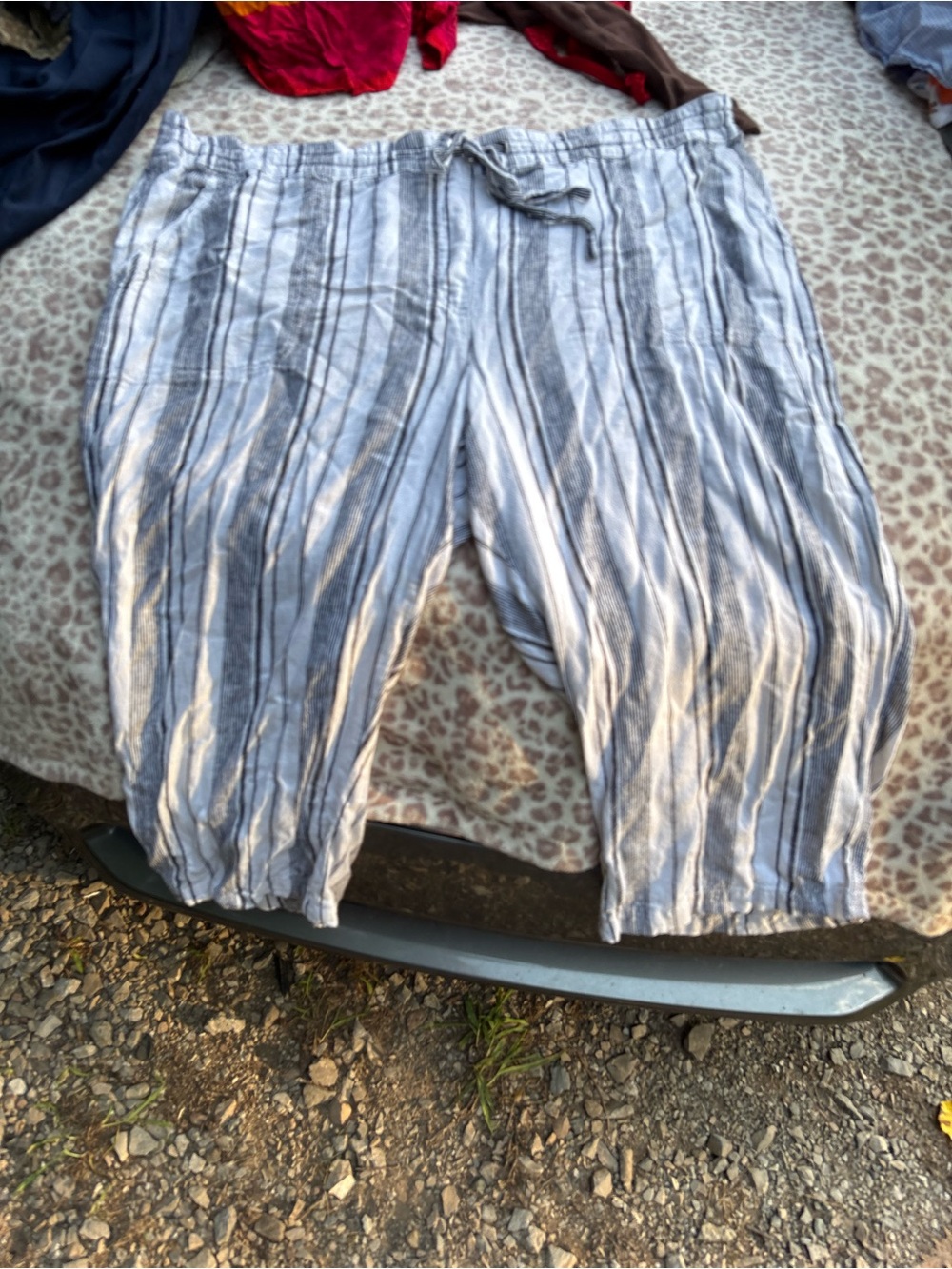 Striped Drawstring Gray and White Flowy Wide Leg Bermuda Shorts Boho Hippie